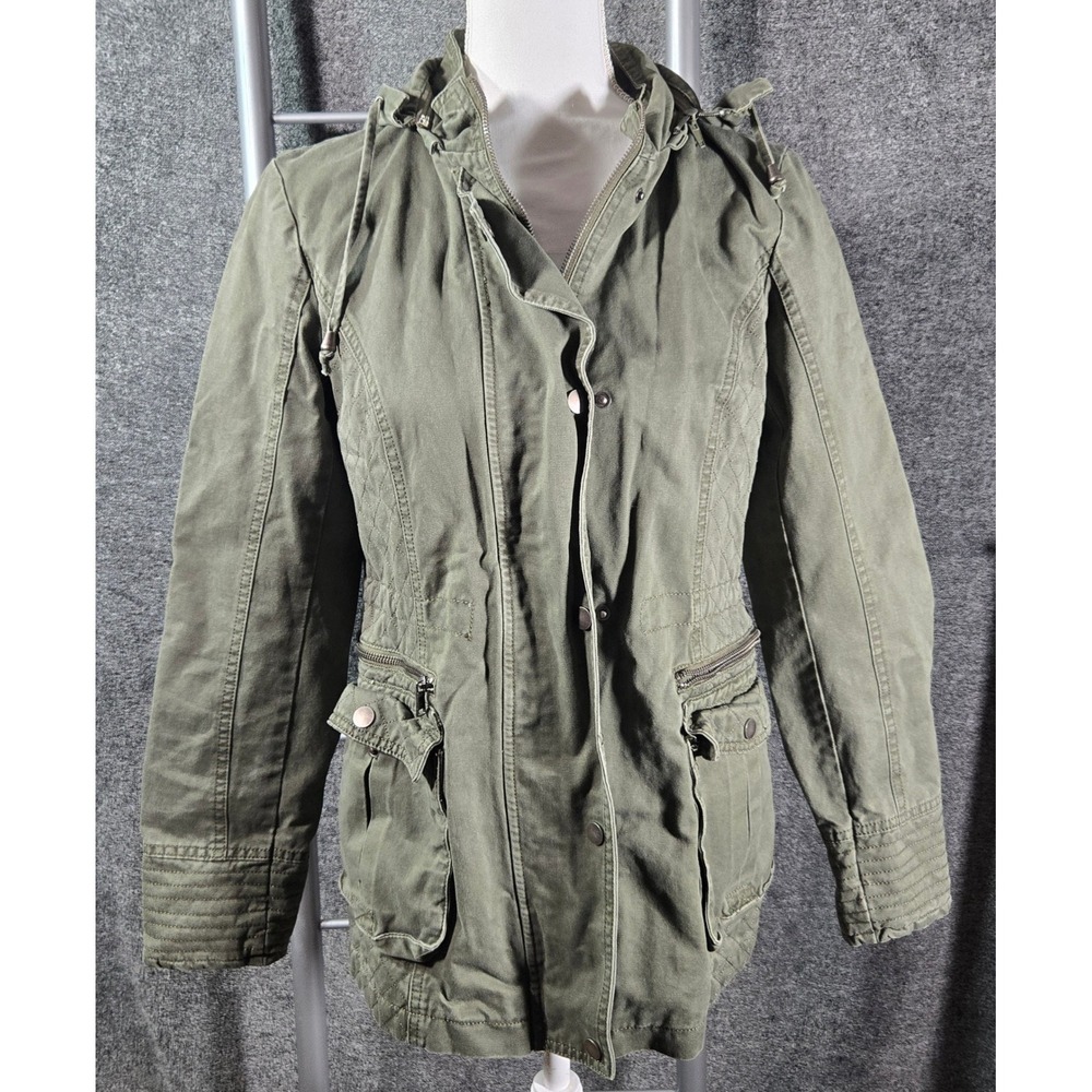 Olive Green Utility Field Jacket with Detachable Hood and Quilted Accents